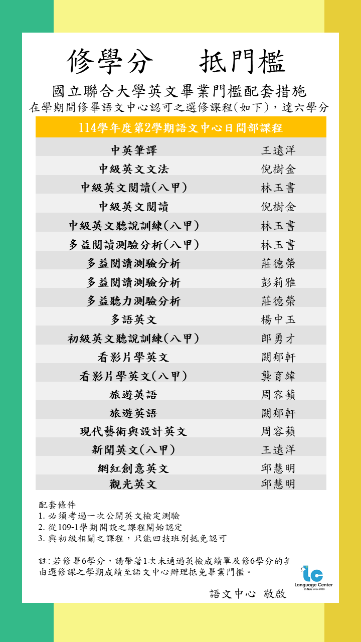 114-2語文中心選修課（可抵免畢業門檻「英文」課程）