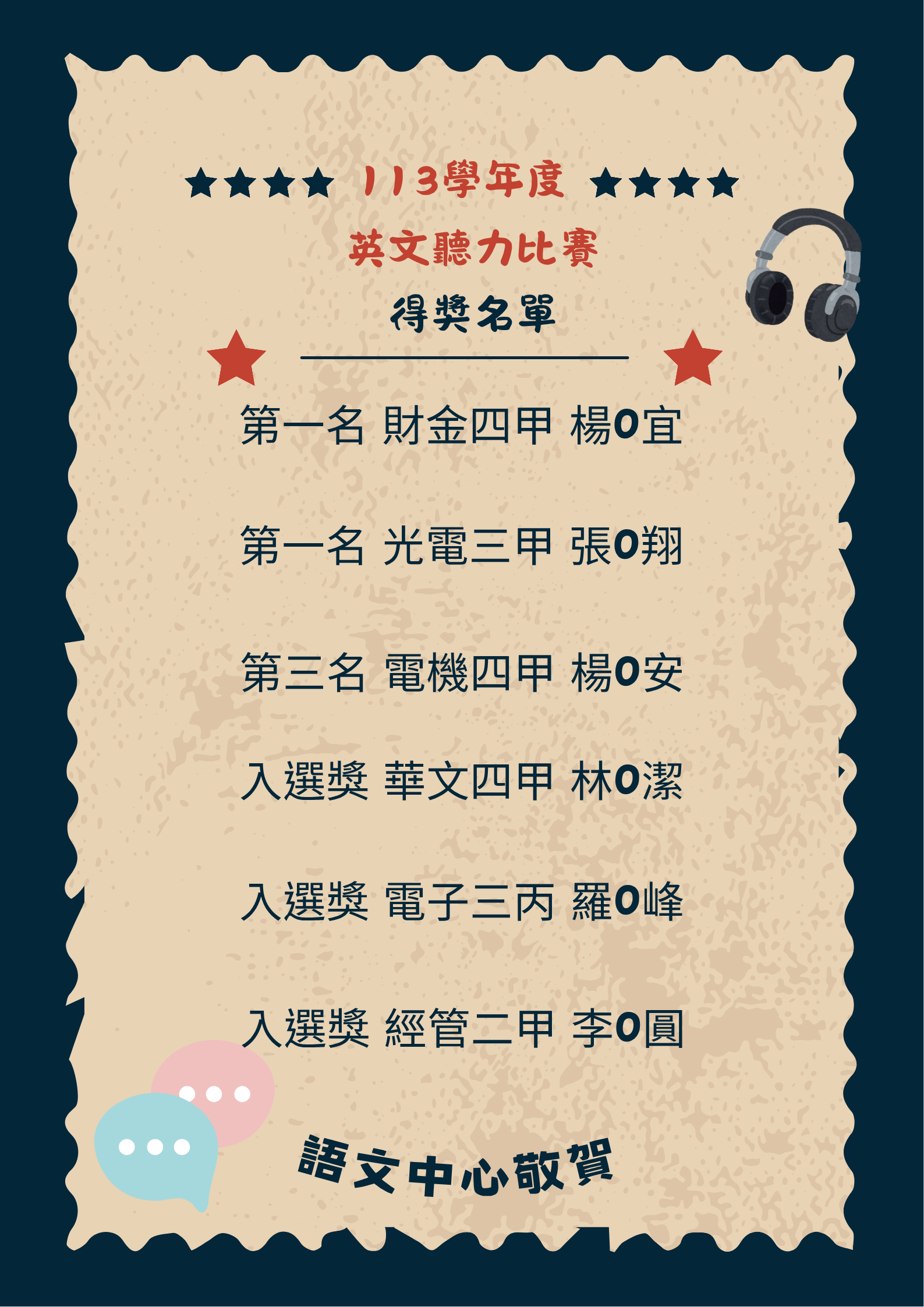 英文聽力比賽得獎名單