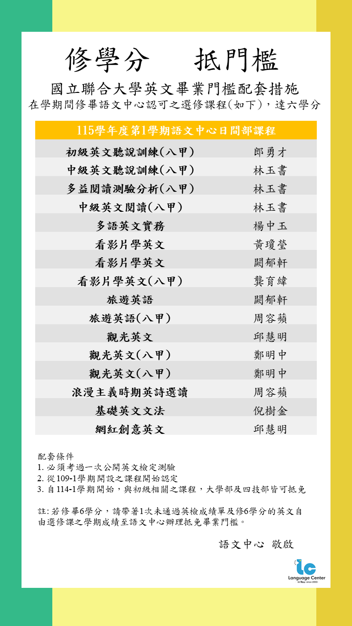 115-1語文中心選修課（可抵免畢業門檻「英文」課程）