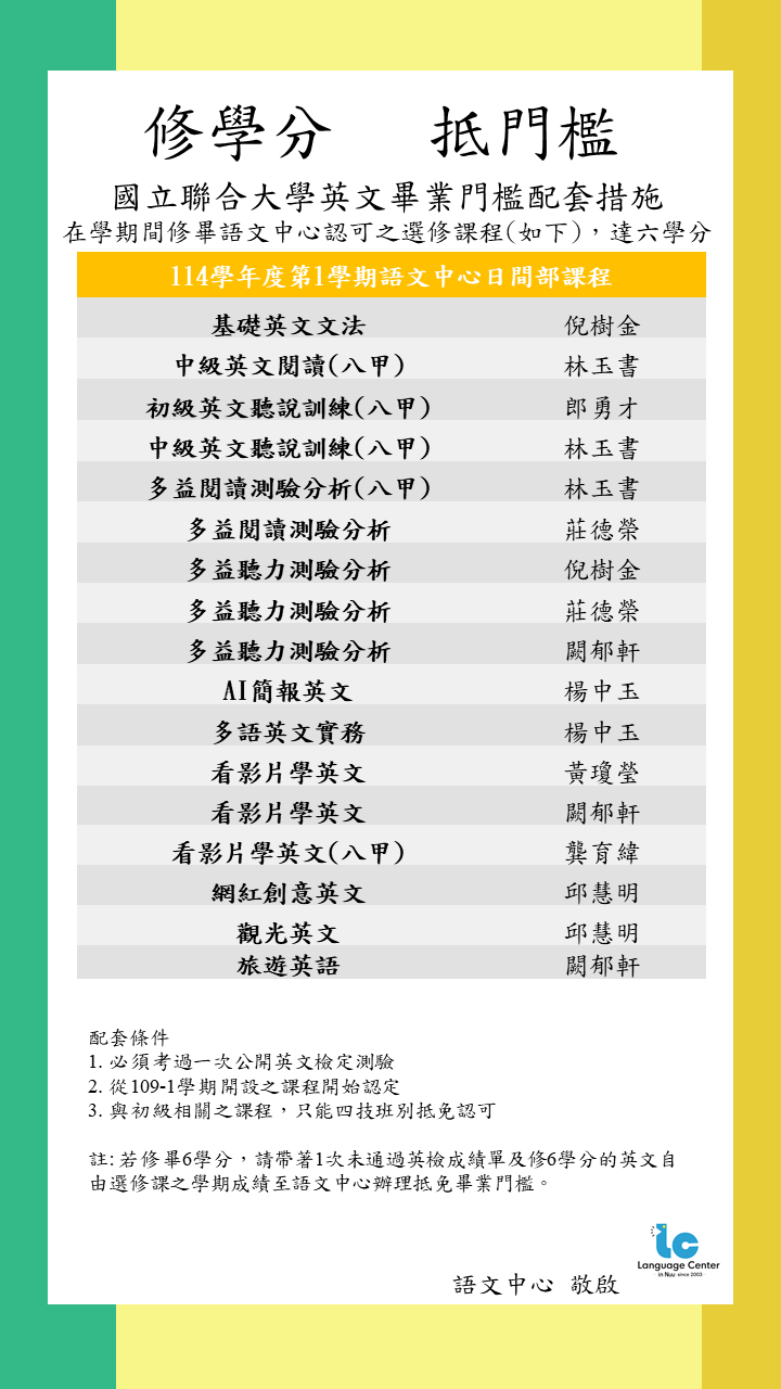 114-1語文中心選修課（可抵免畢業門檻「英文」課程）